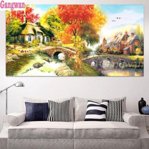 5D diamond painting fall tree horse cross stitch DIY square drill full diamond embroidery mosaic village landscape large decor
