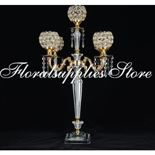 75cm Tall 5-arms Metal Gold Crystal Candle Holder Wedding Candelabra Table Centerpiece Event Road Lead Candle Stand