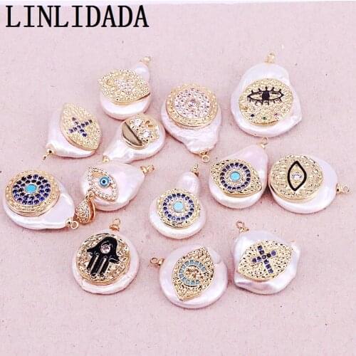 8Pcs new design cubic zircon micro pave charm pendant,freshwater pearl with cz pendant,irregular natural pearl pendants