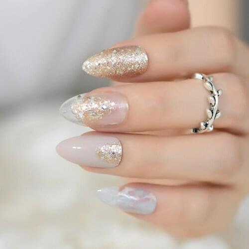Beige Sharp Stiletto False Nails with Golden Glitter Clear Grey Marble Design Fake Nail Full Cover Fashion Acrylic Nail Z899