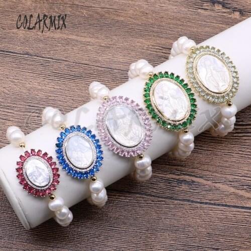 3 pieces Shell stone bracelets macrame jesus beaded pearl bracelets shell carved Madonna 4515