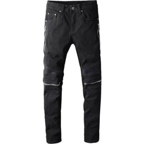 New Mens male black zippers pleated PU leather patch biker jeans Fashion streetwear slim skinny stretch denim pants trousers
