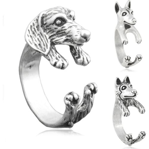 Fei Ye Paws Punk lovely Dachshund Dog Wrap Ring For Women Anel Retro Animal Sausage Rings Men Jewelry Chrismats Gift Box Packed