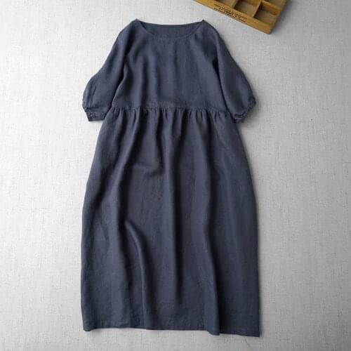 Summer New Women Casual Loose Plus Size Simple Elegant Comfortable Breathable Skin Friendly Water Washed Linen Pullover Dresses