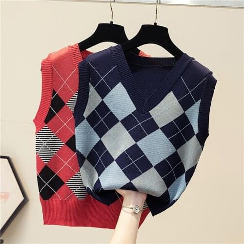LJSXLS V Neck Women Autumn England Style Knitted Vest Female Summer 2021 Vintage Sleeveless Blue Plaid Sweater Pullover Crop Top