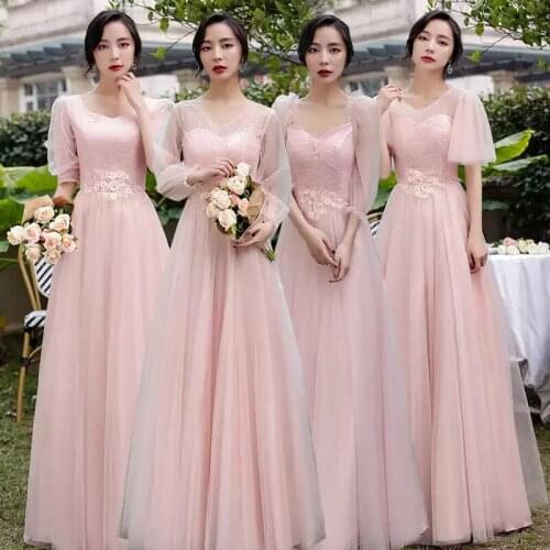 Bridesmaids Dress Illusion V-Neck Full Tulle Lace A-Line Floor-Length Appliques Crystal Embroidery Women Wedding Party Gown E508