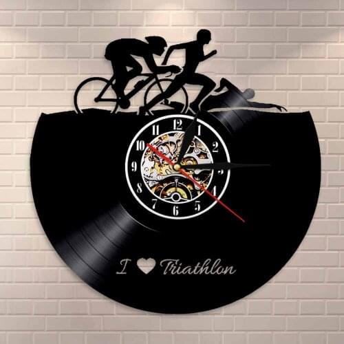 Vinyl Record Clock Handmade Sports Lovers Gifts Sports Swimming Running Cycling Vintage Athlete Home Decor Triathlon Wall Clock