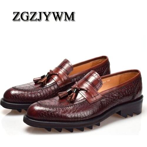 ZGZJYWM Mens British Style Genuine Crocodile Pattern Leather Pointed Toe Lace-Up Cowhide Dress Wedding Flat Oxford Men Shoes