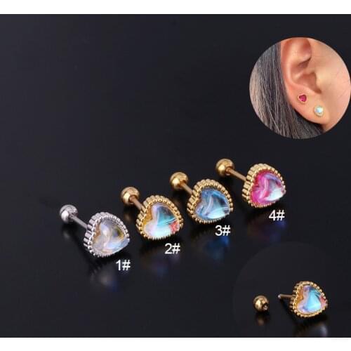 1Piece Heart Moonstone Stud Earrings for Women 2021 Trend 20G Stainless Steel Piercing Color Love Moonstone Earrings for Teens
