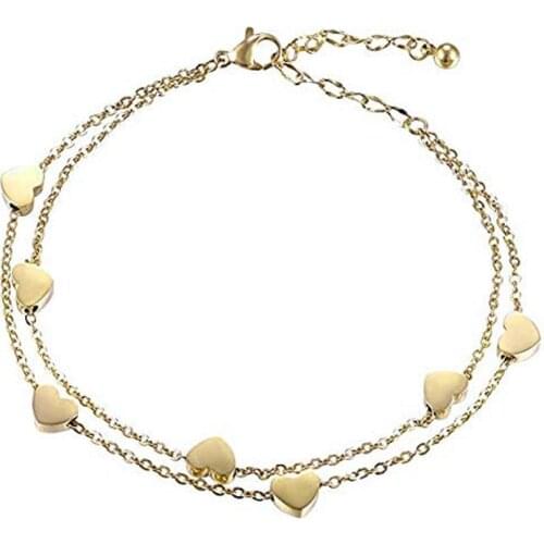 Women Fashion Luxury Alloy Heart Charm Dual Layer Chain Bangle Bracelet Party Jewelry Gift