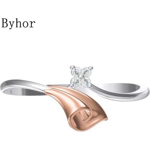 Byhor Solid 14K White+Rose Gold 0.032ct H/SI Natural Diamonds ring Women Fine Jewelry Trendy Wedding Band flower кольцa кольцo