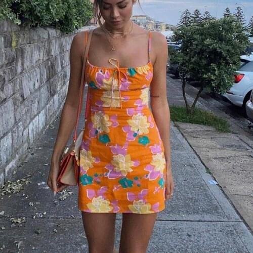 Y2K Aesthetic Floral Print Strap Mini Dress Summer Sleeveless Ruched Short Dresses 2021 Women Boho Beach Fashion Streetwear
