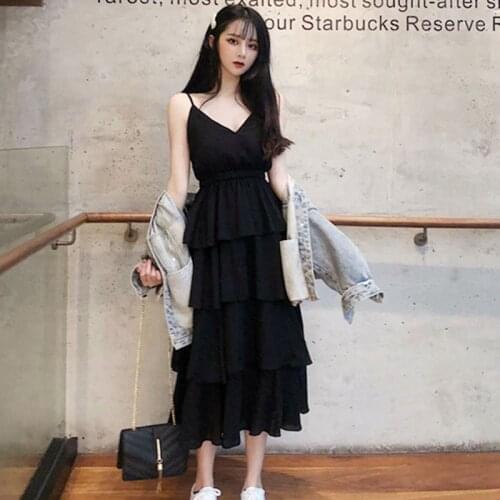 AECU 2021 Summer Dress Cross Spaghetti Strap Solid Beach Dress Women V Neck Chiffon Dresses Cupcake Dresses Party Club Dress