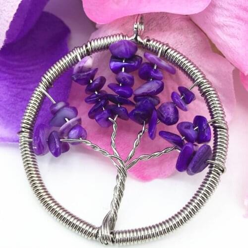 Charms handmade purple shell irregular gravel stone round pendant 50mm winding wisdom tree chip women elegant diy jewelry B3052
