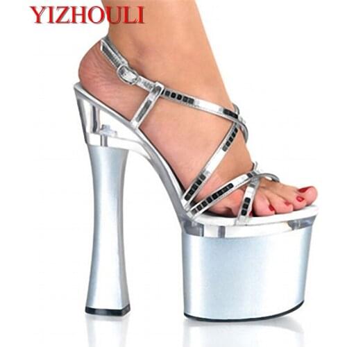Shiny silver vamp 18 cm square sexy heels, pole dancing/model shoes, party summer high-heeled sandals