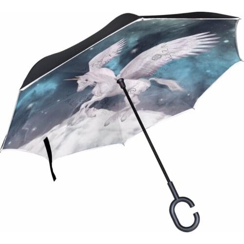 Drop Shipping Unicorn Windproof Reverse Folding Double Layer Inverted Umbrellas Self Stand Rain Sun Protection C-Hook For Car