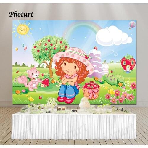 PHOTURT Strawberry Shortcake Backdrop Girls Birthday Party Photography Banner Rainbow Grassland Photo Background Decorate Props