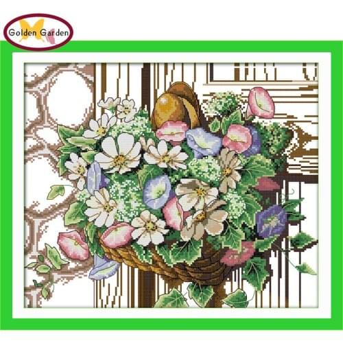 GG The Blooming Flower Basket Needlework Embroidery Kit Handcraft Counted Free Modern Cross Stitch Patterns for Home Decoration