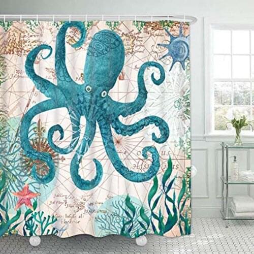 Whale Shower Curtain Ocean Nautical Shower Curtain Sea Creatures Shower Curtain Durable Mildew Resistant Waterproof Bathroom Cu