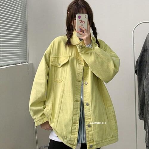 Candy Colors Yellow/Pink/Green Single Breasted Tops Denim Jacket Women Casual Ladies Bomber Basic Loose Chic Jeans Coat Outwear