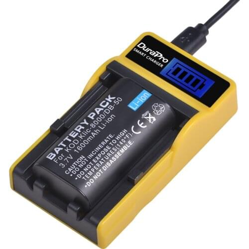 DuraPro 1600mAH KLIC-8000 KLIC 8000 DB-50 Li-ion Battery + LCD USB Charger for KODAK Z612 Z712 Z812 IS Z1085 Digital Cameras