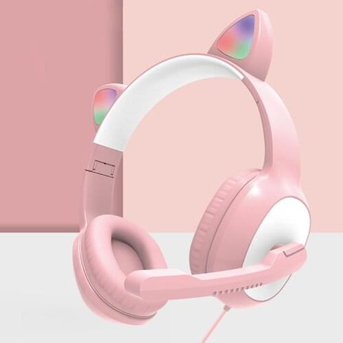 Flash Light Cute Cat Ears Wired Headphones with Mic Can Control LED Kid Girl Stereo Music Helmet Phone Headsets Gift