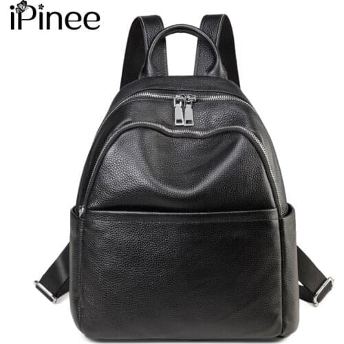 IPinee 100% Genuine Leather Daily Casual Backpack For Women Classic Black Students Schoolbag Vintage Lady Knapsack High Quality