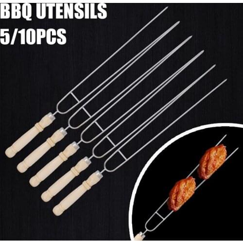37.5cm BBQ Skewers Stainless Steel Fork Sticks Wooden Handle Reusable BBQ Grill Needle for Garden Kitchen Outdoor Camping Picnic