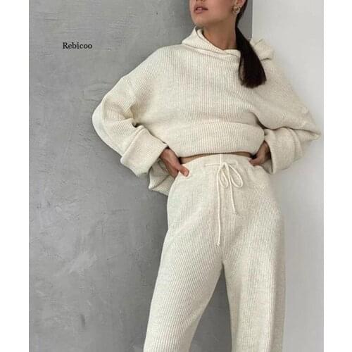 Spring Casual Fashion Solid Hooded Tops and Wide Leg Pants Suit Women Elegant Knitted Rib Two Piece Sets Lady Streetwears