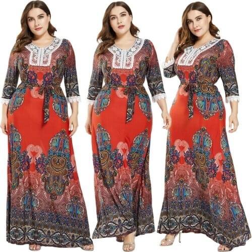 Plus Women Bohemia Style Long Dress Summer Floral Print Maxi Dresses Beach V-Neck Holiday Party Sundress Female Dresses Fashion