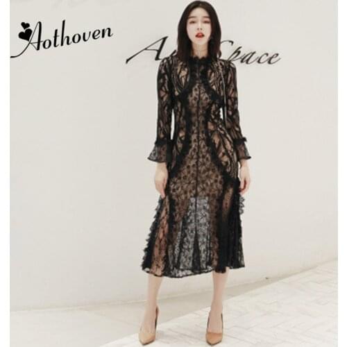 New Brand High-end Patchwork Luxury Princess Lace Dress Women Black Long Flare Sleeve O Neck Dress Bandage Elegant Party Dresses