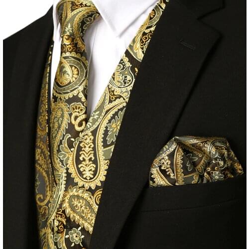 Paisley Waistcoat Vest Necktie Pocket Square Set 2018 Brand New Business Wedding Tuxedo Suit Dress Vest for Men Chaleco Hombre