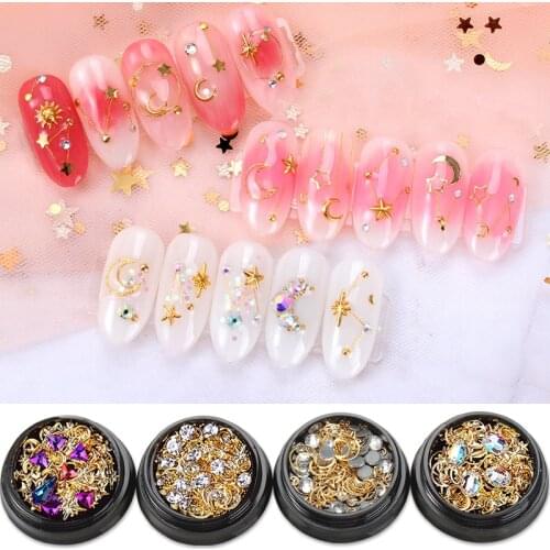 1 Box Moon Stars Nail Art Rivets Stud Charms Metal Studs Nail Decorations Star&Moon Mix Matte Rivets Ultra Thin Gold Silver