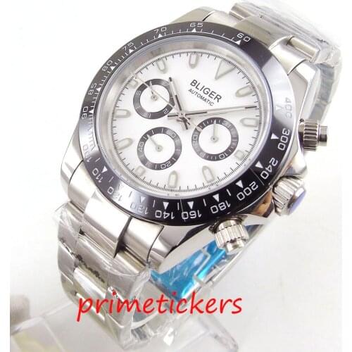 Automatic mens watch 39mm white dial sapphire glass luxury date and week indicator function mental strap black bezel