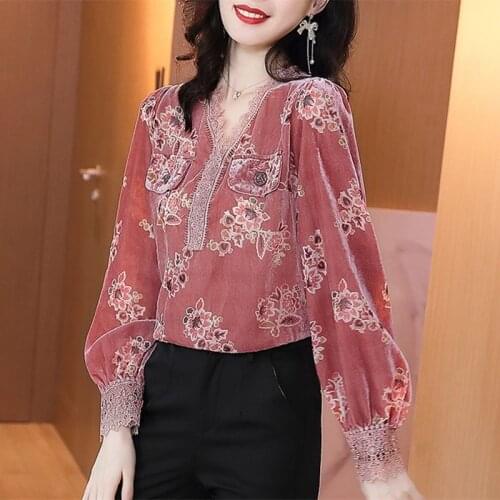 WomenS Spring Autumn Style Blouses Shirt WomenS Embroidery Printed Long Sleeve V-Neck Vintage Loose Tops DD9027