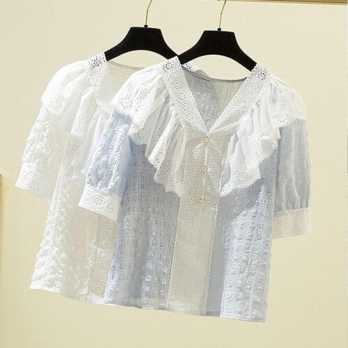 Plus Size 4XL 2021 Summer Lace Blouse Women Sweet New Short Sleeve Ruffle Patchword V Neck Loose Shirt Fashion Women Tops 14211