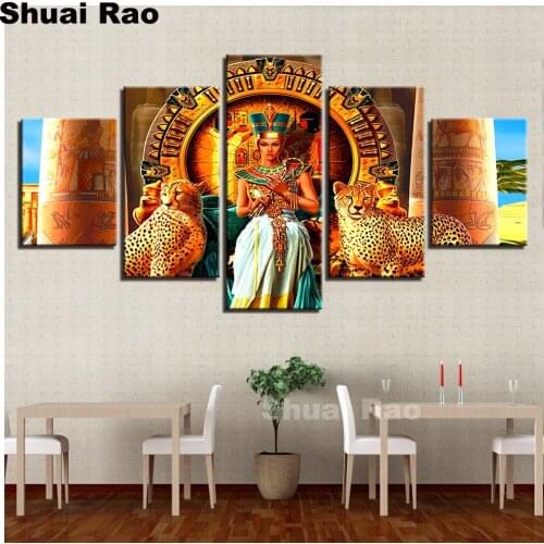 Large Full round diamond embroidery Egypt Queen Cleopatra and leopard diamond painting 5D square diamond mosaic 5pcs/set