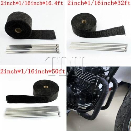 Black Motorcycle 5m 10m 15m Thermal Exhaust Header Pipe Tape Heat Insulating Wrap Resistant Downpipe 2"X1/16" 16.4ft 32ft 50ft