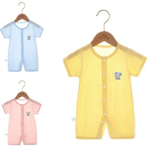 Newborn Infant Baby Short Sleeve Onesies Summer Button Down Solid Color Jumpsuit Overall Toddler Cartoon Dog Casual Pajamas 69HE