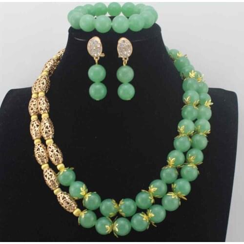 2019 New Nigerian Wedding Beads Jewelry Sets Green African Costume Jewelry Set for Women earrings 14MM Round Beads Set W13948
