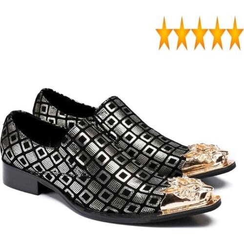Metal Formal Italian Pointed Men Toe Wedding Dress Shoes Plaid Genuine Leather Office Work Block Heels Male Loafers Large Size