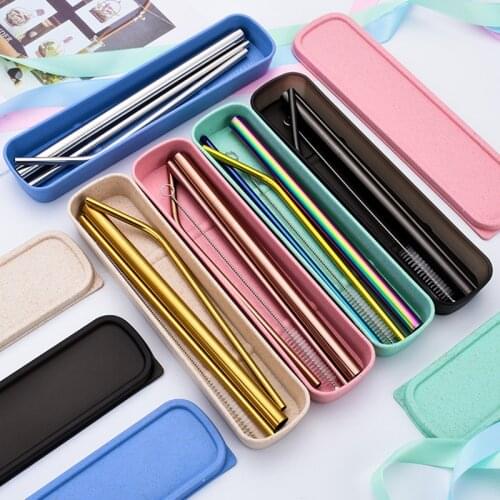 Reusable Metal Drinking Straws 304 Stainless Steel Sturdy Bent Straight Drinks Straw with Cleaning Brush Bar Party Accessory