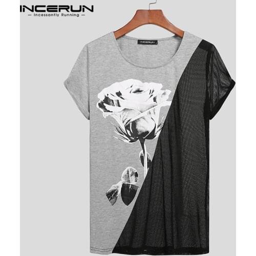 Men T Shirt O Neck 2021 Mesh Patchwork Streetwear See Through Fashion Sexy Casual Tee Tops Short Sleeve Camisetas S-5XL INCERUN