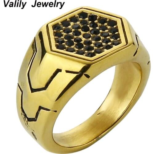 Valily Mens Signet Ring Geometric simple Black crystals Ring for men stainless steel Silver/Gold Seal Ring finger band Women