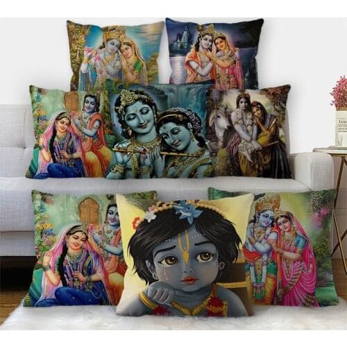 Nice Radha Krishna Pillowcase Cotton Linen Fabric Square Zipper Pillowcase 45X45cm Wedding Decorative Pillow cover 11-17