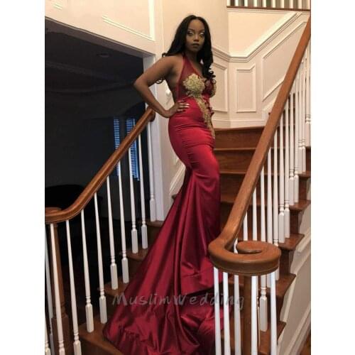 Sexy Dark Red African Prom Dresses V Neck Appliques Mermaid Backless Long Evening Dress 2020 Plus Size Formal Party Dress Cheap