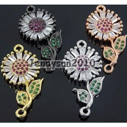Multicolor Zircon Gems Stones Pave Rose Flower Bracelet Connector Charm Beads Silver Gold Gunmetal Rose Gold 10Pcs/Pack