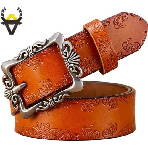 Vintage Pin Buckle Genuine Leather Belts for Women Fashion Floral Cow Skin Ladies Girdle Wide Female Strap Jeans Width 3.2 Cm