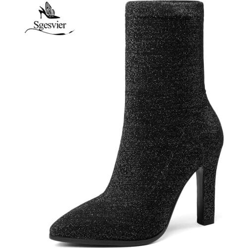 Sgesvier Fashion Ankle Elastic Sock Boots Chunky High Heels Stretch Women Autumn Sexy Booties Pointed Toe Women Boots OX480