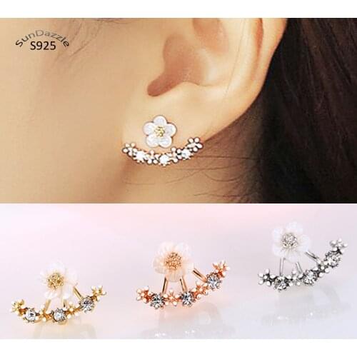 Real Pure Solid 925 Sterling Silver Needle Earrings for Women Jewelry Cubic Zircon Rose Gold Flower Silver Stud Earrings